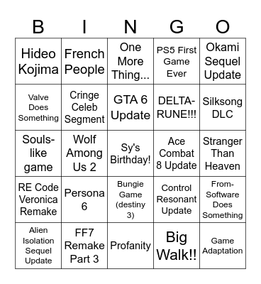 Summer Game Fest 2026 Bingo Card