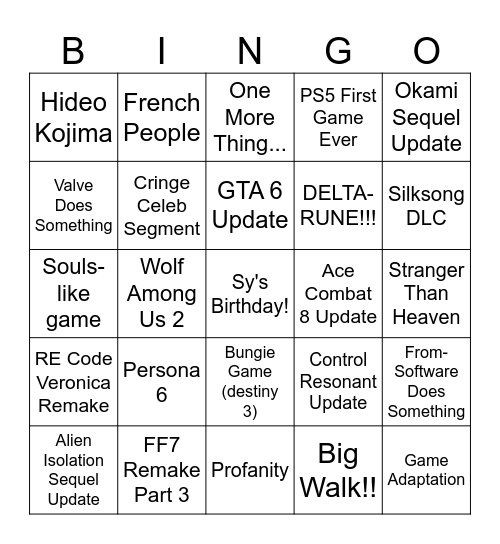Summer Game Fest 2026 Bingo Card