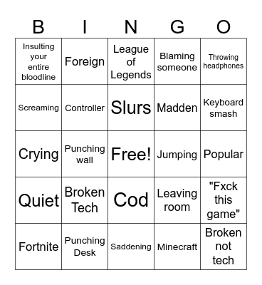 Gamer Rage Bingo Card