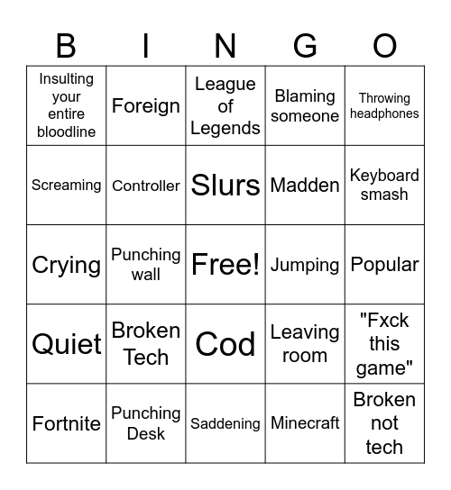 Gamer Rage Bingo Card