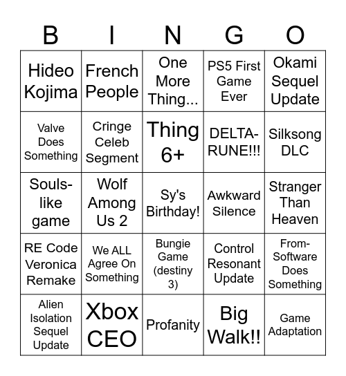 Summer Game Fest 2026 Bingo Card