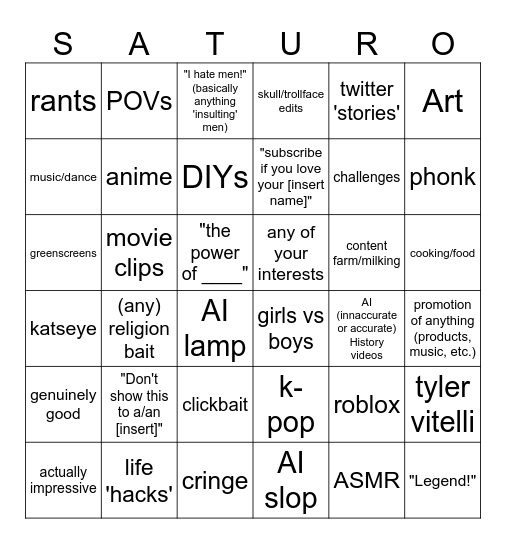 incognito shorts recommendations (made by okasabokasaplayz on yt!) Bingo Card