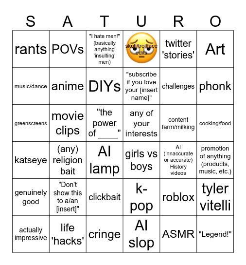 incognito shorts recommendations (made by okasabokasaplayz on yt!) Bingo Card
