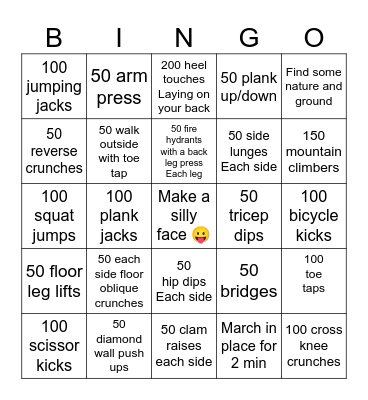 Summer fitness Bingo Card