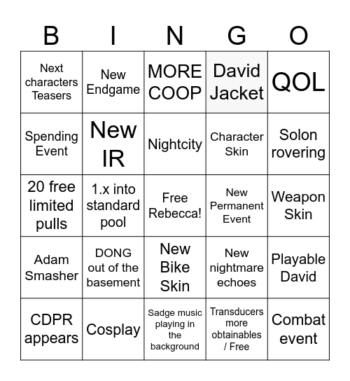 Wuwa 3.4 Livestream Bingo Card