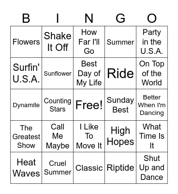 Summer Music Bingo Card