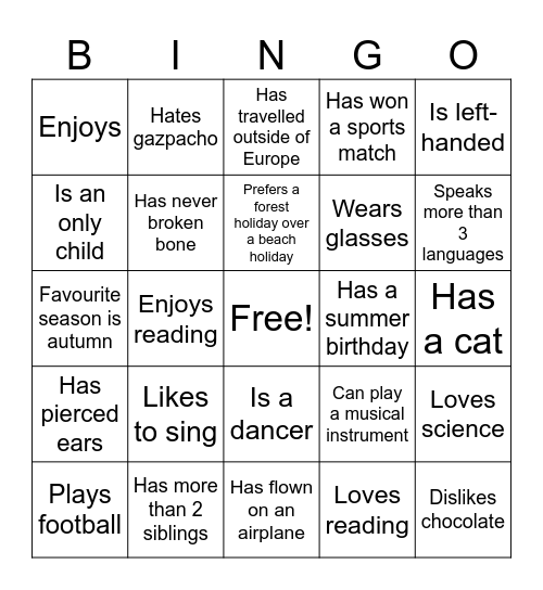 Fun Facts Bingo Card