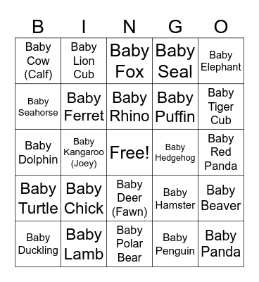 Baby Animals Bingo Card