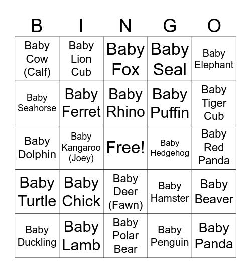 Baby Animals Bingo Card