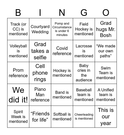 Graduation Bingo 2026 Bingo Card
