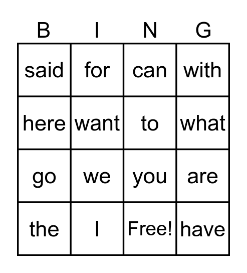 SIGHT WORDS Bingo Card
