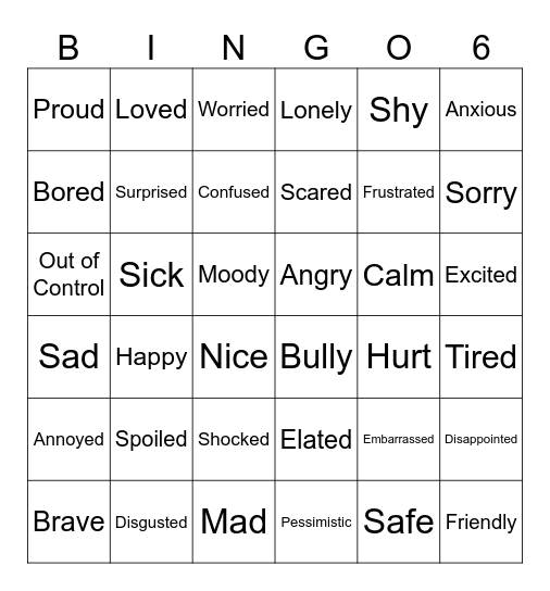 Baby Shark feelings chart Bingo Card