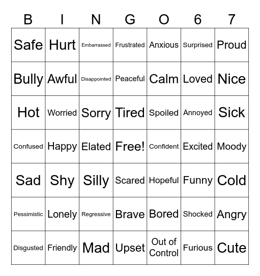 Baby Shark Feelings Chart bingo Card