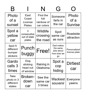 Roadtrip Bingo Card