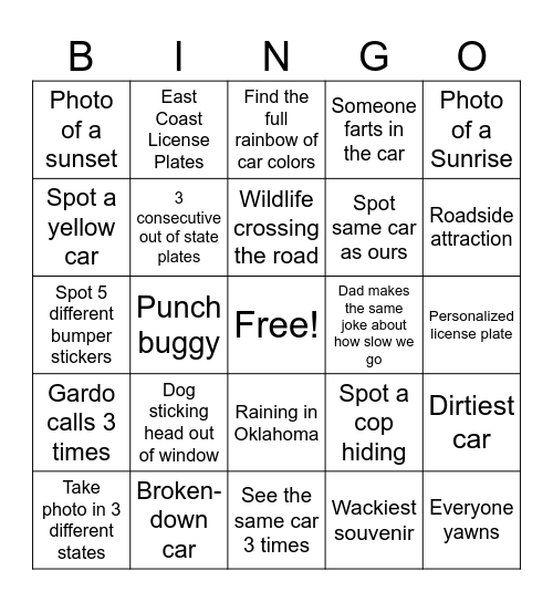 Roadtrip Bingo Card