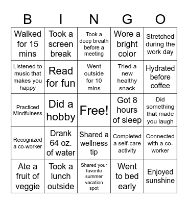 Summer Wellness Bingo Card