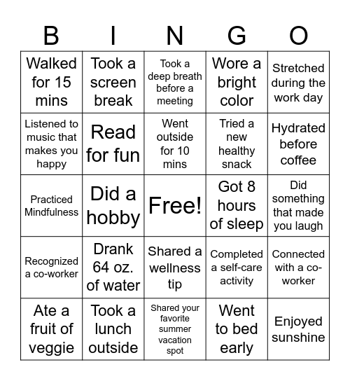 Summer Wellness Bingo Card