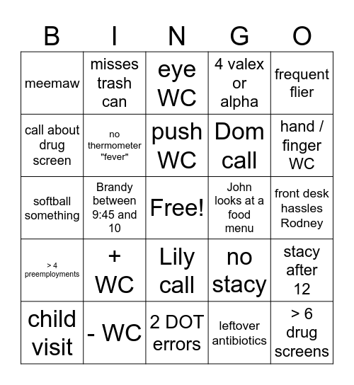 Urgent Care Bingo Card