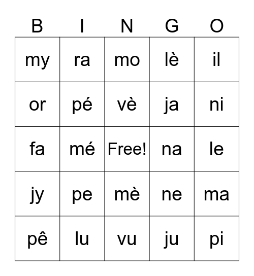 Bingo des syllabes Bingo Card