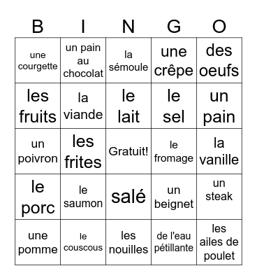 Les aliments Bingo Card