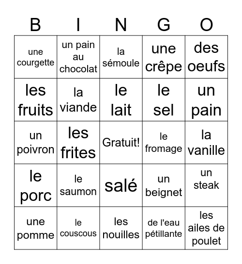 Les aliments Bingo Card