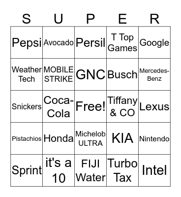 Super Bowl Ads 2017 Bingo Card