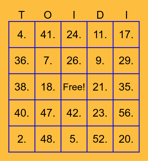 toidi Bingo Card