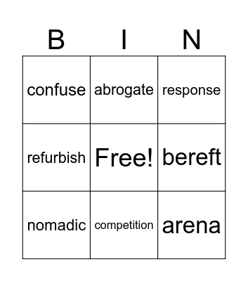 Vocabulary May 31 - June 6 Bingo Card