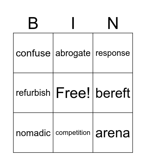 Vocabulary May 31 - June 6 Bingo Card