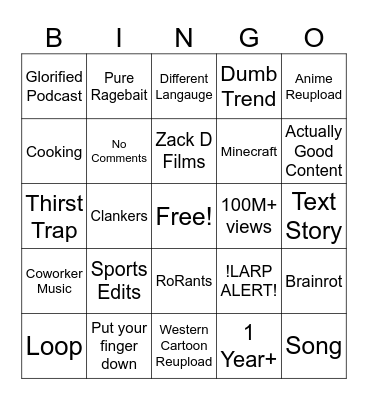 YouTube Shorts Bingo Card