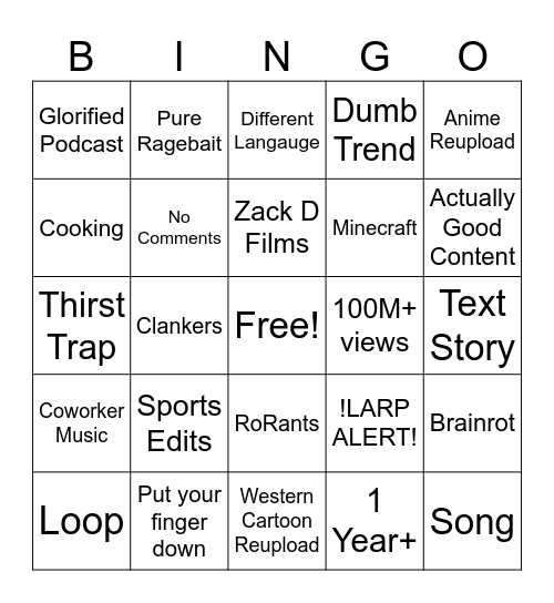 YouTube Shorts Bingo Card