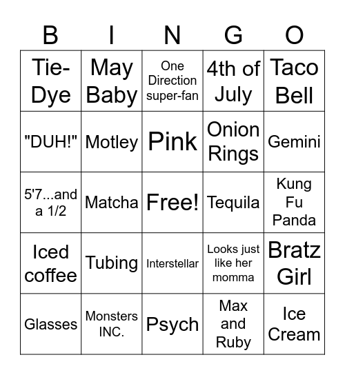 All About The Birthday Girl Bingo Card
