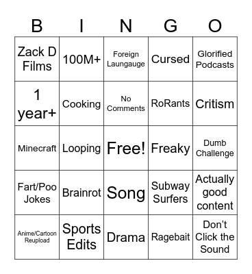 YouTube Shorts Bingo Card
