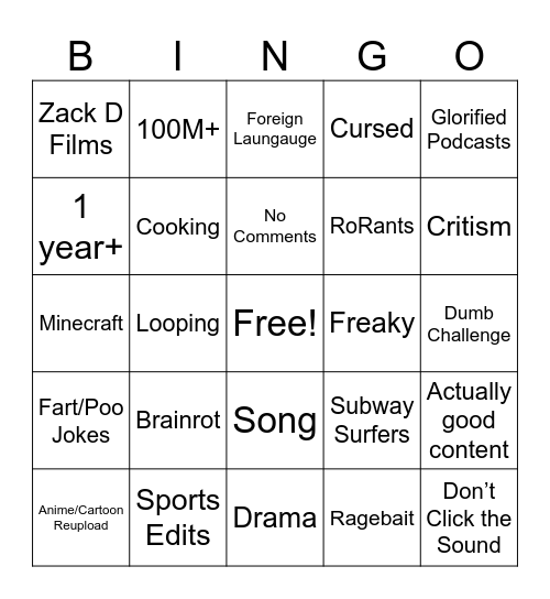 YouTube Shorts Bingo Card