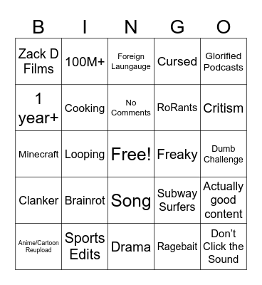 YouTube Shorts Bingo Card