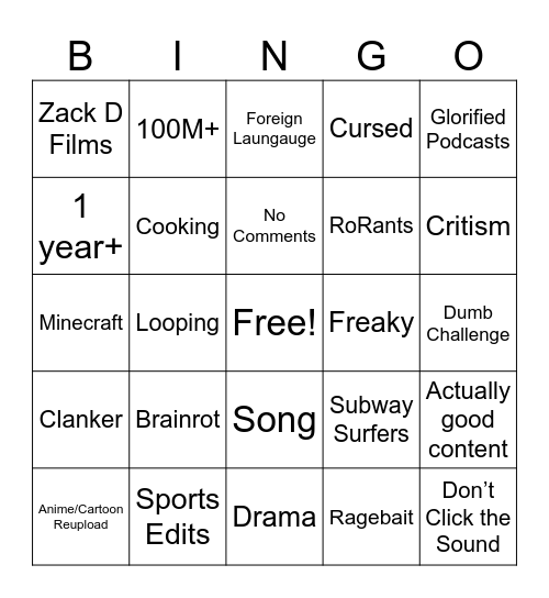 YouTube Shorts Bingo Card