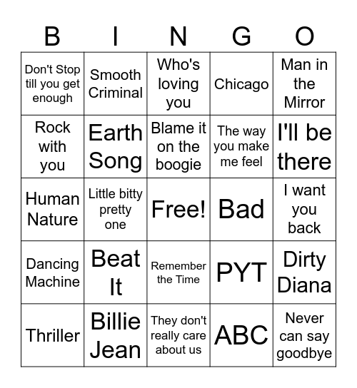 Michael Jackson Bingo Card