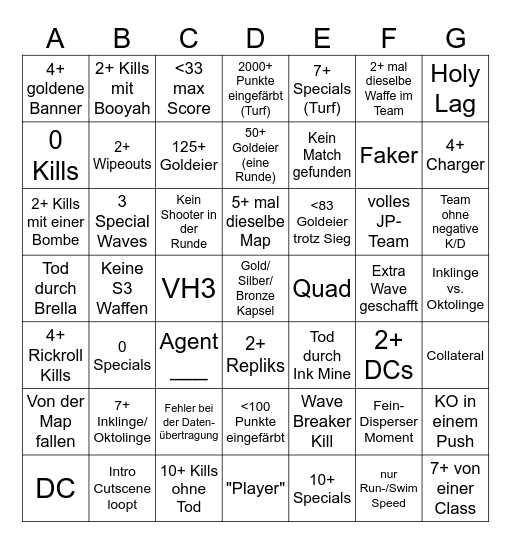 Splatoon 3 Bingo Card