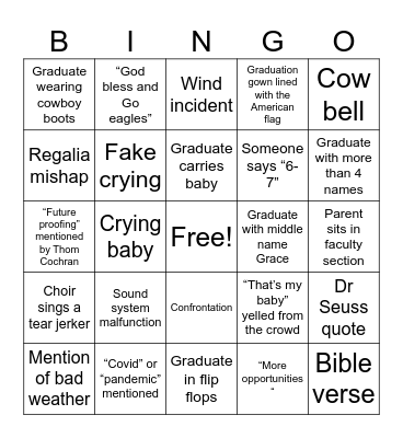 JcHS graduation bingo Card