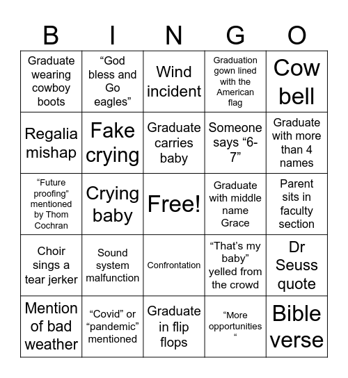 JcHS graduation bingo Card