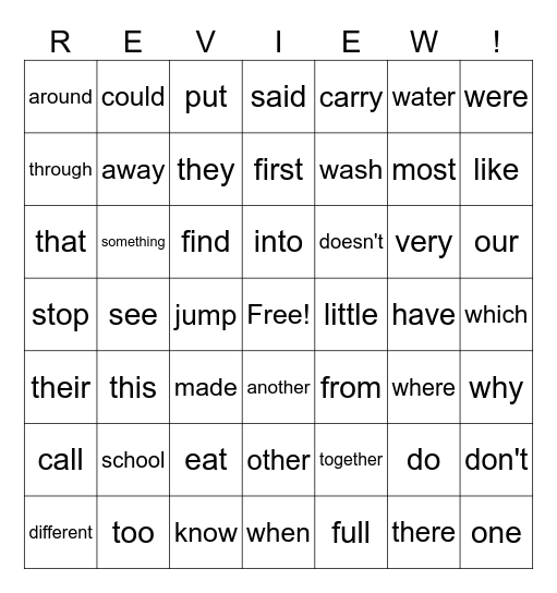 High Frequency Words Bingo Card