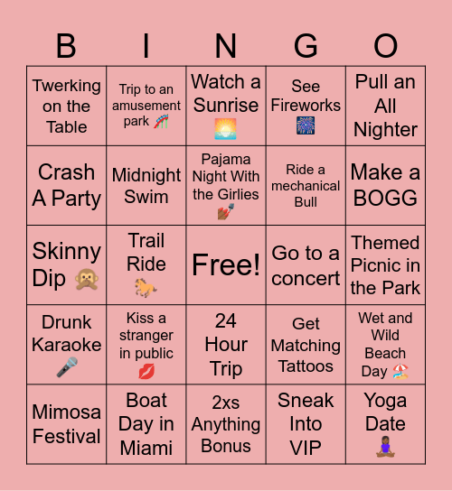 Summer Bingo Bucket List Bingo Card
