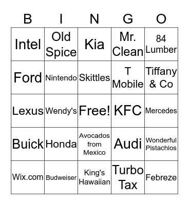 Super Bowl Commercials 2017 Bingo Card