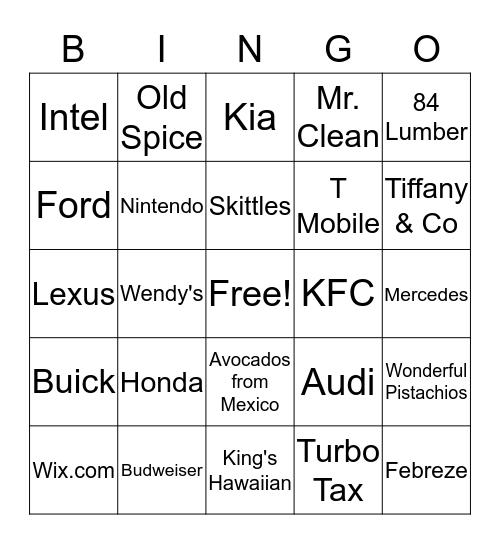 Super Bowl Commercials 2017 Bingo Card