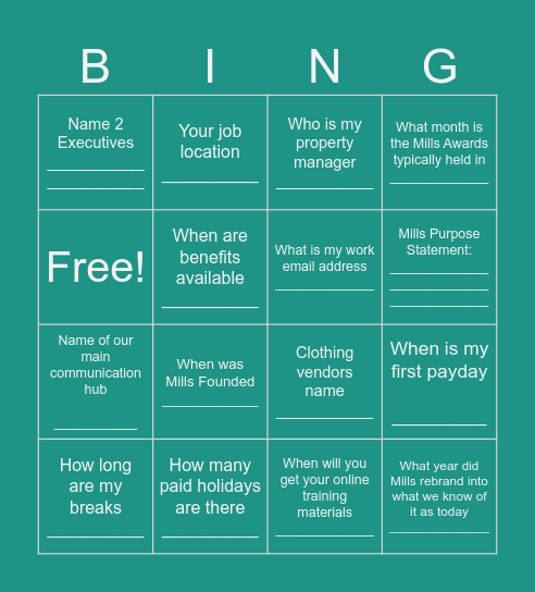 Mills Properties New Hire BINGO Card