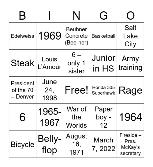 Grandpa 80th Birthday Bingo Card