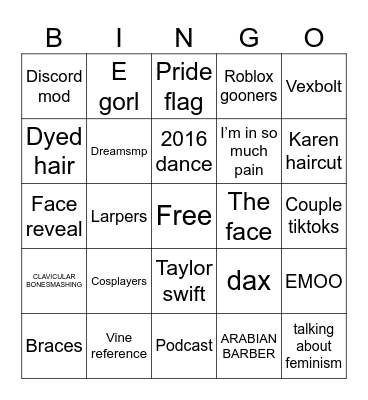 Ali G Bingo Card