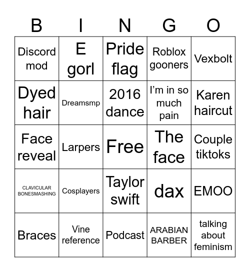 Ali G Bingo Card