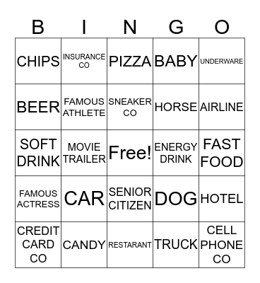 SUPERBOWL COMMERICAL BINGO Card