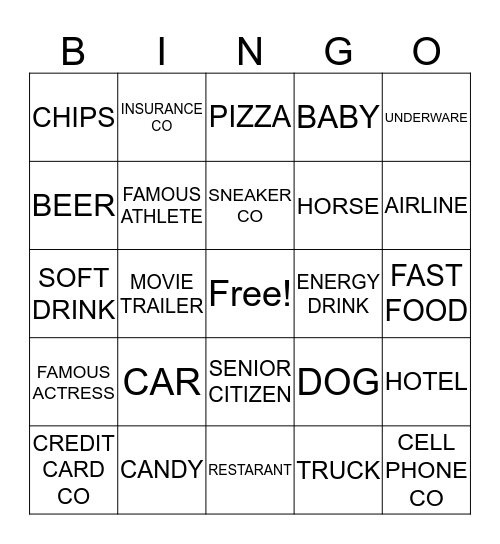 SUPERBOWL COMMERICAL BINGO Card